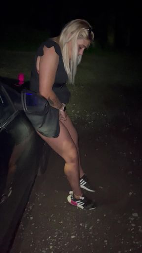 Outdoor parking at the car close-up dress pulled up blonde milf squirts legs down trembling twitch moaning, stud watches.