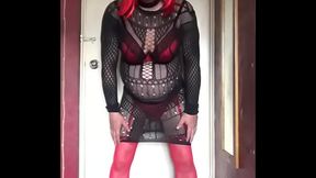 bisexual crossdresser licks his cumshot of his hand