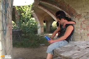 Dirty old woman get all fuck holes rammed by a guy outside