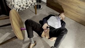 Suited Men with Open Crotch Is Pissing Like a Dog and Rides the Dildo and Cums Handsfree