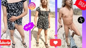 Cute slut in minidress and sandals strips naked in very hot public