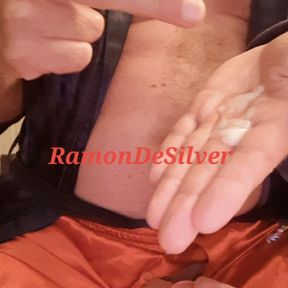 Master Ramon jerks off in hot red satin shorts and squirts in his hand, delicious