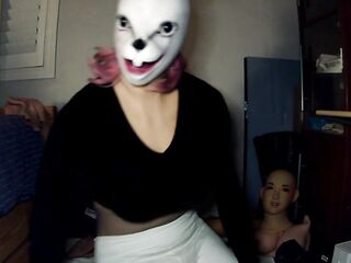 Bunny May Pt1! Female masked beauty plays around with her white rabbit mask and her rubber body!