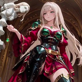 Forbidden Fantasy in Red &amp; Green Armor! Blonde Knight Lounges Seductively While Her Silver -haired Partner Kneels to Serve