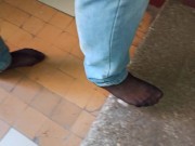 Walking barefoot with Pantyhose on a really dirty floor.