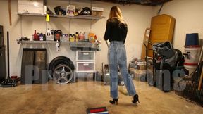 Cassandra Sweeping in High-Waisted Jeans & Stiletto Pumps