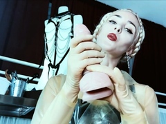 Naughty femdom blonde in stockings uses toy on fetish loser