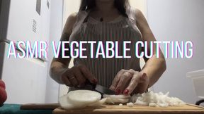 ASMR cutting onion and bell pepper on a wooden board