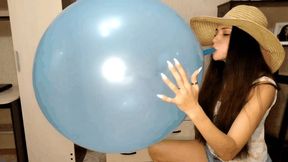 Plump lips will blow up a blue balloon