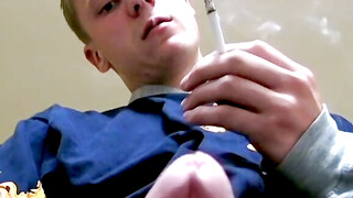 Solo jerking and cum showering while smoking by young Jason