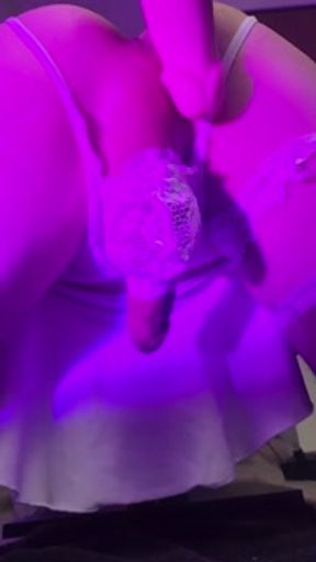 Femboy twink in white lingerie riding huge BBC dildo with dripping cumshot