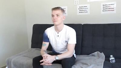 Blonde twink gets naked at the casting and plays with his dick