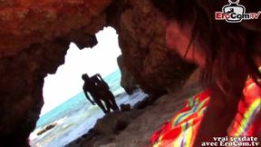 French ffm amateur threesome at the beach with skinny teens