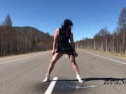 milf makes a big jet on the road