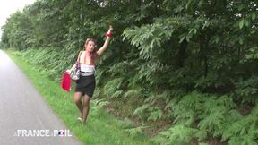 Slutty hitchhiker fucks for ride