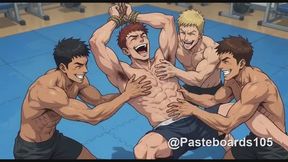 Strung Up By The Wrists - Bare Hands On A Bound Muscle Jock's Armpits And Ribs (Anime Bara)