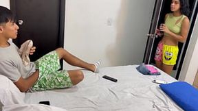 Stepbrother climaxes in stepsister's ass while she wanks him with her panties