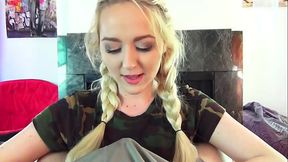 Babe with green eyes shows off natural tits in POV handjob