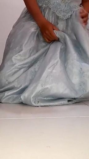 Asian Crossdresser Cum Wearing Satin Wedding Dress Ball Gown