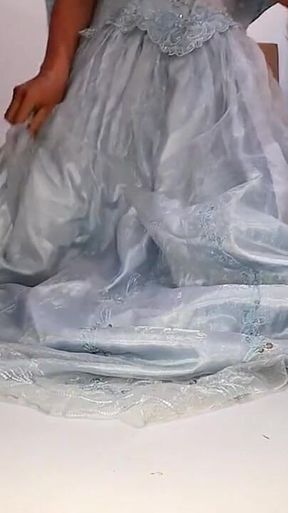 Asian Crossdresser Cum Wearing Satin Wedding Dress Ball Gown