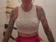 Sissy in butterfly top riding a dildo