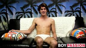 ”Skinny dude takes his undies off & wanks after interview”