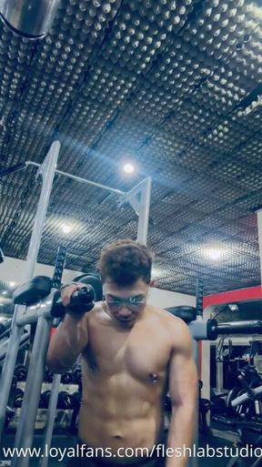 Pierced Nipple Asian Muscle Twink Pumps Out a Thick Load Post-Workout