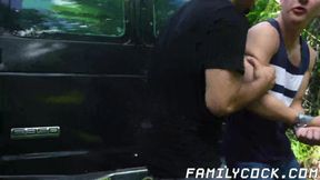Bound stepson gets raw fucked by his hunky stepdad outdoors