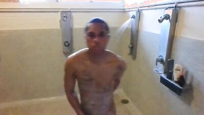 Horny dude is filming himself while taking a hot shower