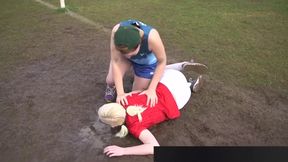 Pigtailed lesbian soccer player gets her hairy cunt licked