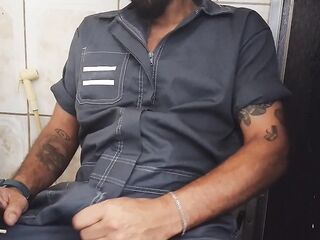 WORKER PEES IN HIS PANTIES AND EJACULATES IN THE COMPANY BATHS