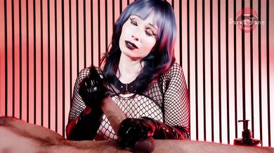 Latex gloved goth girl milks table until throbbing cock explodes with dirty talk edging