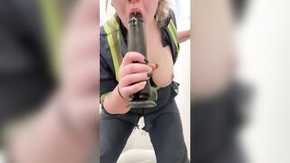 Chubby cunt with mouth with Huge Boobies Rides Her Toy at Work