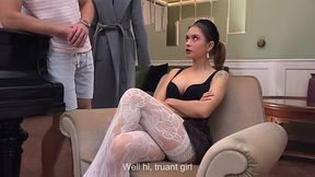 To pass the exam slutty Russian student in white stockings let her teacher enters her pussy