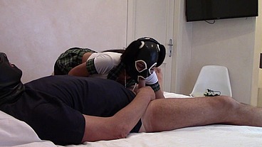 MILF dressed as a student fucked in all three holes