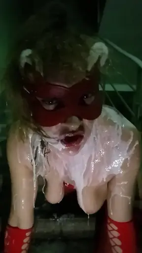 Milk enema for dirty slut on the stairs