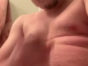 Chubby guy steps out of the shower to cum, jizz on thighs