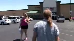 Full-figured blonde woman gets pickuped on the parking lot