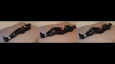 Selfbondage in leather outfit and hunter boots - vibrator orgasm