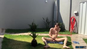 Adorable twink Henry Evans cums while masturbating outdoors