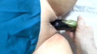 Eggplant in the pussy and cucumber in the ass