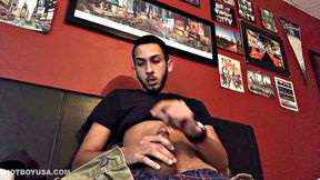 Brian Bonerz starts off in bed, with pants pushed down just enough to release his big stiff cock and balls. He starts stroking and then pauses briefly to remove one of the two shirts he's wearing.