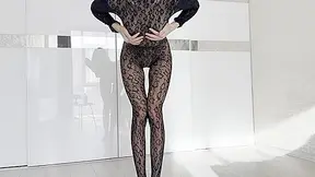 Skinny Slender Girl Try-on Bodystocking. Tight, Shiny & Thin Curves