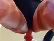 Cute cd cums hard while fucking a big dildo against the mirror.