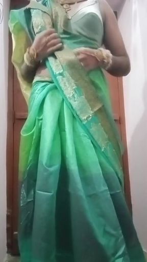 Indian Crossdresser Bottom Gaurisissy Pressing and Playing with Her Big Boobs in Blue Saree Real Homemade Sex