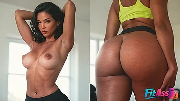 This dark-skinned beauty is wildly pouncing on my cock in my gym.[AI]