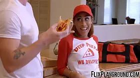 Kendall supplies the pizza and then she bites on the knob