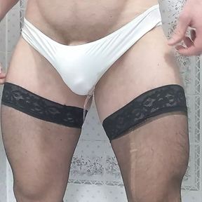 Pissing white silky panties in stockings