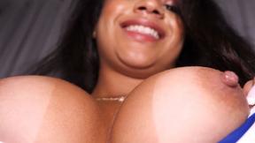 ”Buxom Brazilian amateur chick sucks & fucks on camera with a smile”