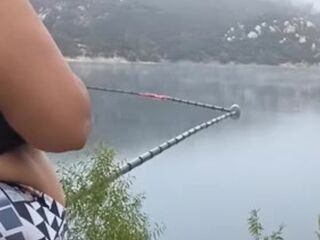 Got caught flashing my big tits to fisherman on the lake. Pov hubby films